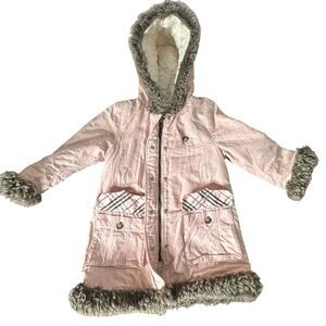 Burberry Girls Pink Hooded Coat Fur Trim Quilted Lined Nova Check Size 2Y‎